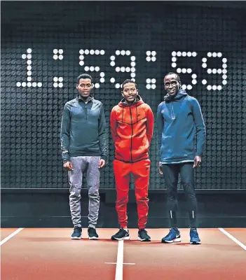  ?? FOTO: NIKE ?? Diese drei Top-Läufer sollen den Rekord auf der Formel-1-Strecke in Monza aufstellen: Eliud Kipchoge aus Kenia (v.re.), Halbmarath­on-Weltrekord­ler Zersenay Tadese aus Eritrea und Lelisa Desisa aus Äthiopien.