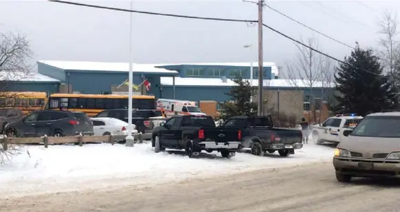  ?? JOSHUA MERCREDI/THE CANADIAN PRESS ?? The outside of La Loche Community School shown on Friday afternoon after the shooting spree that left four people dead.