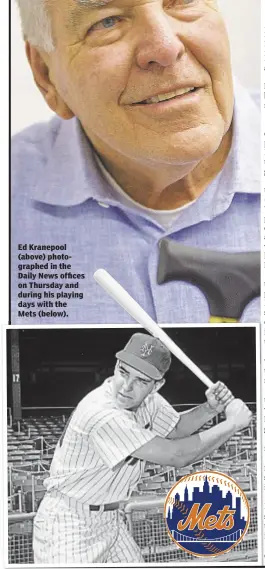  ??  ?? Ed Kranepool (above) photograph­ed in the Daily News offices on Thursday and during his playing days with the Mets (below).