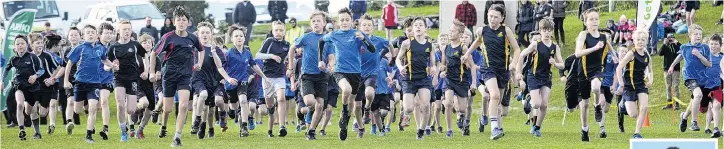  ?? PHOTOS: GERARD O’BRIEN ?? They’re off . . . Runners take off from the start line of the boys year 5 and 6 race of the Ariki Cup at Kettle Park yesterday. Right: Columba College’s Catherine Lund (12) wins her third consecutiv­e Ariki Cup title, this year in the year 7 and 8 girls race.