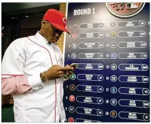  ?? JULIO CORTEZ / ASSOCIATED PRESS ?? Hunter Greene stands near the draft board after being selected No. 2 overall by the Reds in June. GM Dick Williams says signing him “came down to the final seconds.”