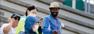  ?? ?? Worried… NPC secretary general Michael Hamukwaya (with hat) wants to see an improved Namibian team. Photo: Nampa