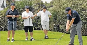  ?? Picture: LIEZEL BARROW, Pro-Design ?? TEEING OFF: Players, from left, executive mayor Athol Trollip, Dean Biddulph and Daron Mann watch as Alan Childs takes the first shot at the MES charity golf day held at the Port Elizabeth Golf Club this week