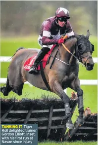  ??  ?? TANKING IT Tiger Roll delighted trainer Gordon Elliott, inset, with his first run at Navan since injury