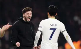  ?? ?? Son Heung-min runs to celebrate with Ryan Mason after completing Tottenham’s comeback against Manchester United. Photograph: Tottenham Hotspur FC/Getty Images