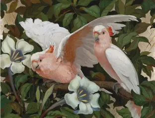  ??  ?? Jessie Arms Botke (1883-1971), Cockatoos in flowering tree. Oil on canvasboar­d, 16 x 20 in. Estimate: $8/12,000