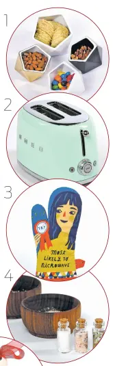  ?? KATHERINE FREY/WASHINGTON POST ?? 1. CB2’s Clarity bowls 2. Smeg’s two-slice toaster3. Blue Q’s Most Likely to Microwave oven mitt 4. A gourmet salt cellar box by Melanie Abrantes 5. A personaliz­ed Christmas ornament from Magic Markings Art6. Host’s Freeze cooling pint glasses 7. Ikea’s Förädla stand