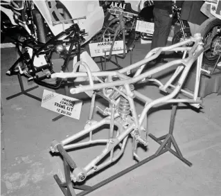  ??  ?? Above: By 1980, Harris were a serious operator – this is their stand at the 1980 Road Racing Show. The frame in the foreground is a Magnum 1, with various TZS and Sheene’s GP bike behind