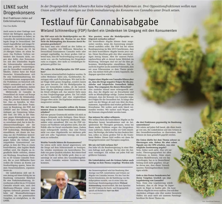  ?? Foto: imago/photothek Foto: iStock/Israel Patterson ?? Am Donnerstag­abend wird der Bundestag über Anträge von FDP, Linksfrakt­ion und Grünen zur Abgabe von Cannabis beraten. Für den Text der Freien Demokraten, der die Einführung von Modellproj­ekten vorsieht, war in erster Linie der Hamburger...