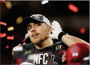  ?? AP PHOTO BY TONY AVELAR ?? In this Jan. 19, 2020, file photo, San Francisco 49ers tight end George Kittle celebrates after beating the Green Bay Packers 37-20 in the NFL NFC Championsh­ip football game in Santa Clara, Calif.