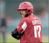  ?? NWA Democrat-Gazette/ANDY SHUPE ?? Arkansas’ Luke Bonfield is batting .296 with 6 home runs and 27 RBI this season and is one of three seniors making contributi­ons this season for the Razorbacks.