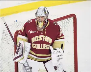  ?? Richard T Gagnon / Getty Images ?? Boston College goalie Spencer Knight, a Darien native, was a unanimous Hockey East first-team selection and was named the conference Goaltender of the Year on Friday.