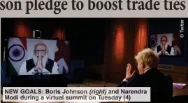  ??  ?? NEW GOALS: Boris Johnson (right) and Narendra Modi during a virtual summit on Tuesday (4)