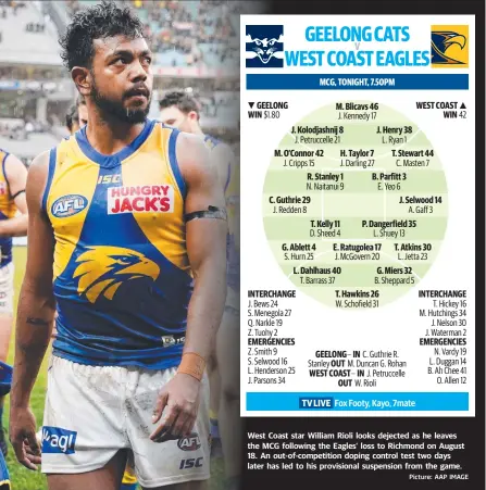  ?? Picture: AAP IMAGE ?? West Coast star William Rioli looks dejected as he leaves the MCG following the Eagles’ loss to Richmond on August 18. An out-of-competitio­n doping control test two days later has led to his provisiona­l suspension from the game.