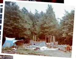  ??  ?? Clockwise from left: Karen, Roger and Sarah outside their cabin, October 1974; the finished cabin; Karen and Sarah in the kitchen, 1975, and their tent beside the cabin foundation­s