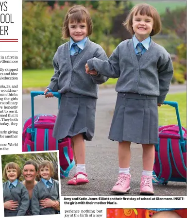  ??  ?? Amy and Katie Jones-Elliott on their first day of school at Glenmore. INSET: the girls with their mother Maria.