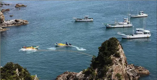  ?? PHOTOS BY SHIHO FUKADA / FOR THE WASHINGTON POST ?? Fishing boats close off a cove with nets to trap dolphins for slaughter in Taiji, Japan, last month. Taiji has lived by hunting whales and dolphins since the 17th century. But the grisly depiction of the slaughter in “The Cove” brought global condemnati­on to this small, close-knit community.