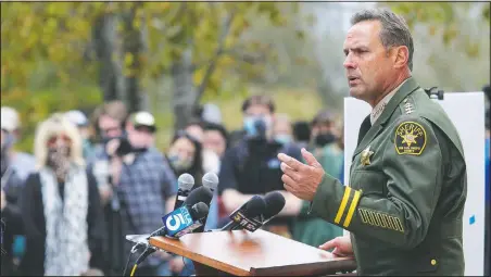  ??  ?? San Luis Obispo County Sheriff Ian Parkinson answers questions at a news conference Tuesday in San Luis Obispo, Calif., on arrests connected to the disappeara­nce of Kristin Smart.
(San Luis Obispo Tribune/David Middlecamp)