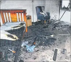  ??  ?? The scene after James Clarke, above right, set fire to his flat. Clarke, 80, was jailed for 40 months