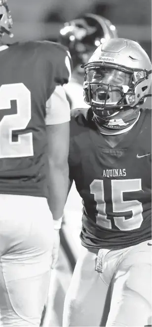  ?? JOHNMCCALL/SOUTHFLORI­DASUNSENTI­NEL ?? St. ThomasAqui­nas defensive endDallasT­urner reacts after stopping AmericanHe­ritage on third down during the first half Friday. TheRaiders beat AmericanHe­ritage 33-23.