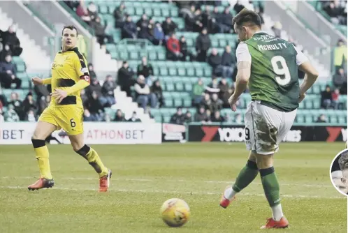  ?? PICTURE: KARIM SAHIB/AFP/GETTY ?? 2 Marc Mcnulty fires in Hibs’ third goal against Raith Rovers and celebrates, below left, after a tumultuous week for his family.