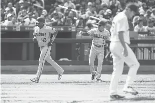  ?? JOHN MINCHILLO/AP ?? Arizona Diamondbac­ks’ Sergio Alcantara (43) circles the bases after hitting a two-run home run off New York Mets relief pitcher Seth Lugo (67) in the seventh inning on Saturday in New York.