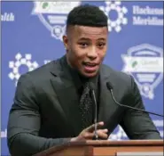  ?? JULIE JACOBSON — THE ASSOCIATED PRESS ?? Running back Saquon Barkley answers questions during a news conference, Saturday in East Rutherford, N.J.