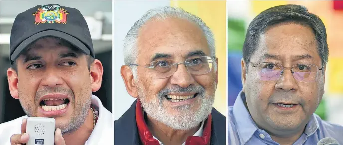  ?? I AFP ?? Camacho, Mesa y Arce: de menor a mayor, los candidatos con más chances de ganar la elección.