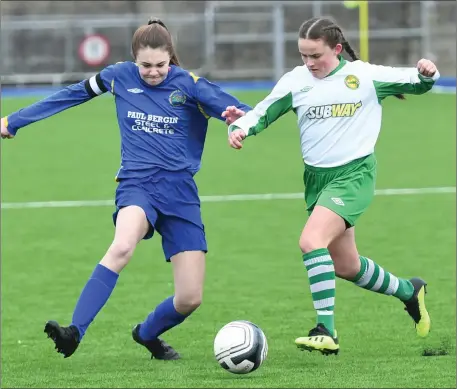  ??  ?? Kerry’s Melaine Higgins (white) and Missy Condon, South Tipperary, in action during their Gaynor Cup Inter-league U-15 game in Mounthawk Park last Sunday Photo by Domnick Walsh