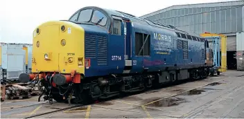  ?? ?? Left: After the GCR gala in 2016, DRS loaned No. 37714 to the care of the specially-formed Heavy Traction Group, which took it to Loram in Derby at the end of the year for a repaint into Railfreigh­t triple-grey livery. The Type 3 is pictured at Loram sporting branding by Morris Lubricants, which helped sponsor the work.