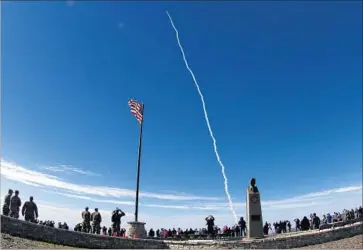  ?? Gene Blevins Zumapress.com ?? A ROCKET INTERCEPTO­R soars toward space from Vandenberg Air Force Base on Jan. 28, 2016. It veered far off-course after one of its thrusters shut down, yet officials and contractor­s said the exercise was a success.