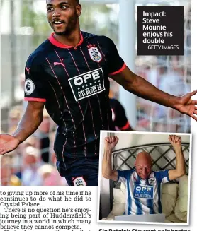  ?? GETTY IMAGES ?? Impact: Steve Mounie enjoys his double Sir Patrick Stewart celebrates in a picture on Twitter