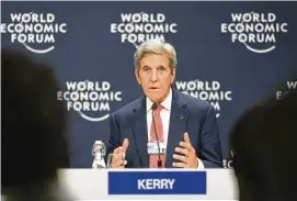  ?? MARKUS SCHREIBER / ASSOCIATED PRESS ?? John F. Kerry, Special Presidenti­al Envoy for Climate of the United States, speaks at the World Economic Forum on Tuesday in Davos, Switzerlan­d.