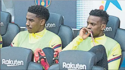  ?? FOTO: M. MONTILLA ?? Junior (23 años) y Semedo (26) tienen números de acabar entrando en operacione­s para convertir en culés a Lautaro y Pjanic