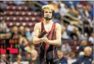  ?? NATE HECKENBERG­ER — FOR DIGITAL FIRST MEDIA ?? Boyertown’s Matt Wilde celebrates a 5-2 win over Shikelkamy’s Cade Balestrini to clinch his first state medal.