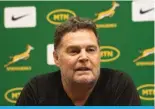  ?? ?? CAPE TOWN: South African head coach Rassie Erasmus addresses a Springbok rugby press conference to where new coaching staff were announced in Cape Town on March 12, 2024. — AFP
