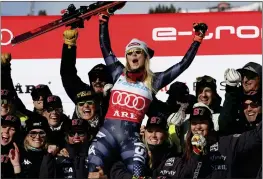  ?? PHOTOS BY ALESSANDRO TROVATI — THE ASSOCIATED PRESS ?? The United States’ Mikaela Shiffrin celebrates after a women’s World Cup slalom on Saturday in Are, Sweden. Shiffrin won the event, setting a World Cup skiing record with her 87th victory.