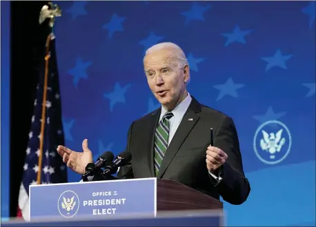  ?? ASSOCIATED PRESS ?? President-elect Joe Biden speaks during an event at The Queen theater on Saturday in Wilmington, Del.