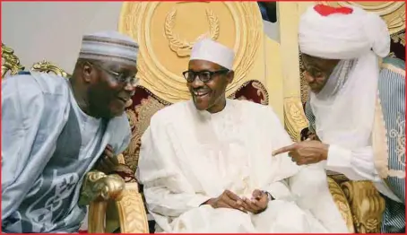  ?? Sunday Aghaeze. ?? L-R: Former Vice-President, Atiku Abubakar; President-elect, Gen. Muhammadu Buhari; and Lamido of Adamawa, Al Barkindo Aliyu Mustapha, discussing during a courtesy call to the Lamido, in his palace in Yola...yesterday