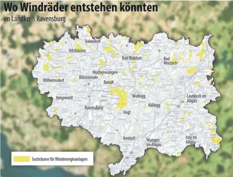  ?? QUELLE: REGIONALVE­RBAND/GRAFIK: ALBRECHT ?? Die gelb markierten Flächen hat der Regionalve­rband als Suchräume ausgemacht, die potenziell für Windräder geeignet sind.