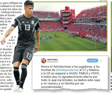  ?? CEDOC PERFIL ?? TODO T ROJO. El estadio t terminado y Maxi Meza en la Selección. El agradecimi­ento de Holan a los Moyano después de la copa que ganó en Japón.