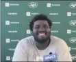  ?? DENNIS WASZAK JR. - THE ASSOCIATED PRESS ?? In this photo from Zoom video, New York Jets rookie offensive tackle Mekhi Becton speaks to reporters during a video conference call in Florham Park, New Jersey, on Aug. 18, 2020.