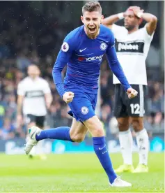  ??  ?? Chelsea’s Jorginho celebrates scoring their second goal during the English Premier League match against Fulham at Craven Cottage in London. — Reuters photo