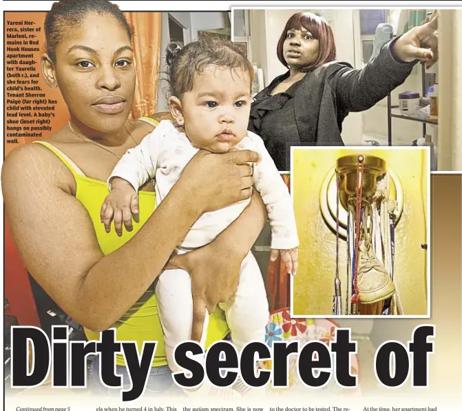  ??  ?? Yareni Herrera, sister of Marleni, remains in Red Hook Houses apartment with daughter Yaurelis (both r.), and she fears for child’s health. Tenant Sherron Paige (far right) has child with elevated lead level. A baby’s shoe (inset right) hangs on...