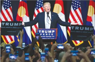  ??  ?? Republican presidenti­al candidate Donald Trump speaks during a campaign rally Friday in Colorado Springs, Colo.