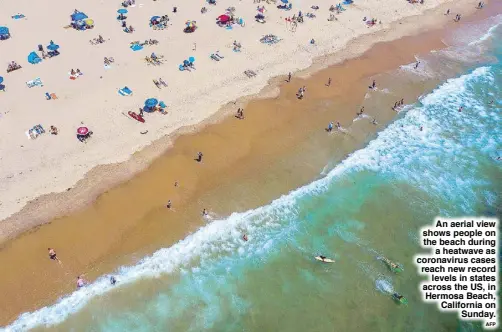  ?? AFP ?? An aerial view shows people on the beach during a heatwave as coronaviru­s cases reach new record levels in states across the US, in Hermosa Beach, California on Sunday.