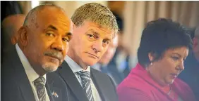  ?? PHOTO: JASON DORDAY/FAIRFAX NZ ?? Prime Minister Bill English with Maori Affairs Minister Te Ururoa Flavell and Deputy Prime Minister Paula Bennett at the Iwi Chairs Forum at Waitangi.