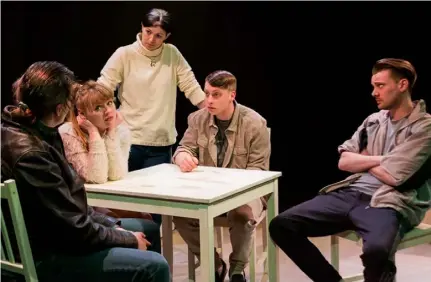  ??  ?? MASTERLY DIALOGUE: From left, Rory Dignam, Eimear Keating, Aislinn Ni Uallachain, Wesley Doyle and Daniel Monaghan in ‘Running with Dinosaurs’ at the New Theatre until April 29