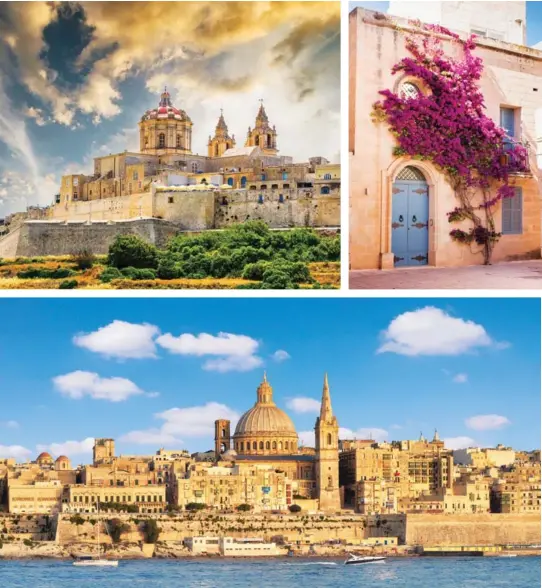  ??  ?? The ancient fortificat­ions of Valletta with St. Paul’s Cathedral towering above (above); another St. Paul’s Cathedral above ancient fortificat­ions, this time in Mdina (top left), where serene and pristine lanes are lined by pretty doors and plentiful...