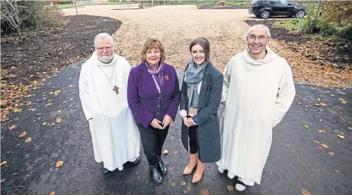  ??  ?? SPACE AT LAST: From left, Father Abbot Anselm, Tourism Secretary Fiona Hyslop, Jo Robinson of VisitScotl­and and Brother Michael de Klerk